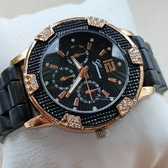 Geneva Fashion Wristwatch Quartz Analog Black Rubber Band Gold Tone Case Watch - Picture 3 of 11